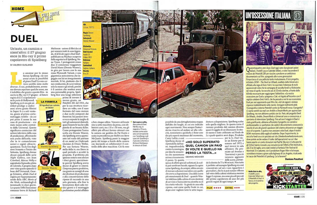 Archival Ciak magazine spread about Duel, with a photograph of Luca and Gabriele Stifani on the right page