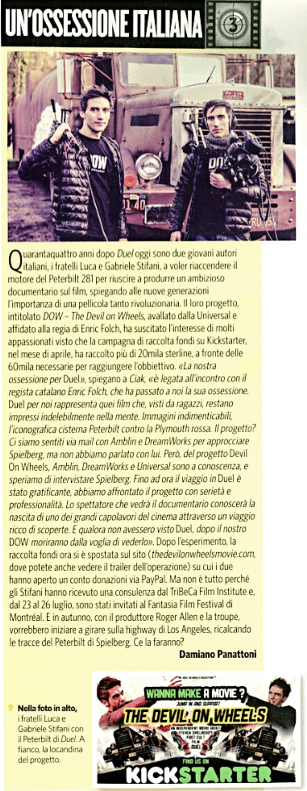 Complete CIAK clipping Un’ossessione italiana, with Luca and Gabriele Stifani on the TDOW set, the article and Kickstarter artwork