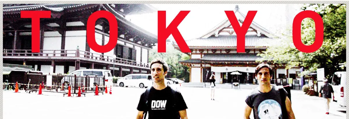 Archival 2015 blog image of Luca and Gabriele Stifani in Tokyo beneath a red TOKYO title