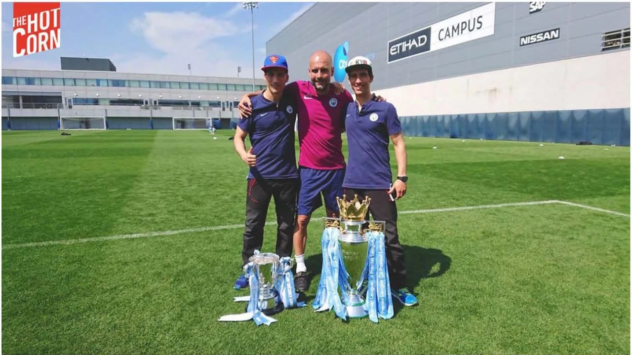 The Stifanis with Guardiola and the trophies. Photo: Mark Schofield.