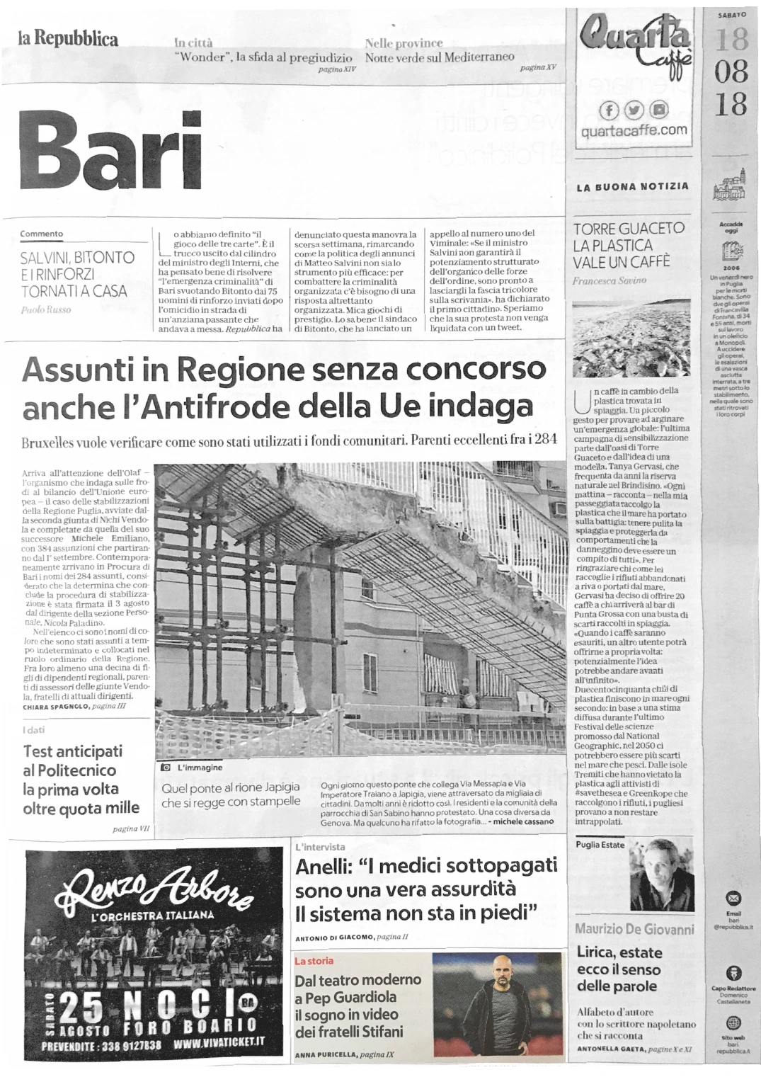Full newspaper front page · Bari edition · 18 August 2018