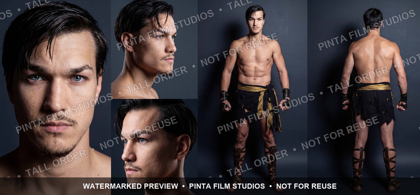 Watermarked character-development sheet for Brandon Figueroa, showing facial studies and full-body front and back views.