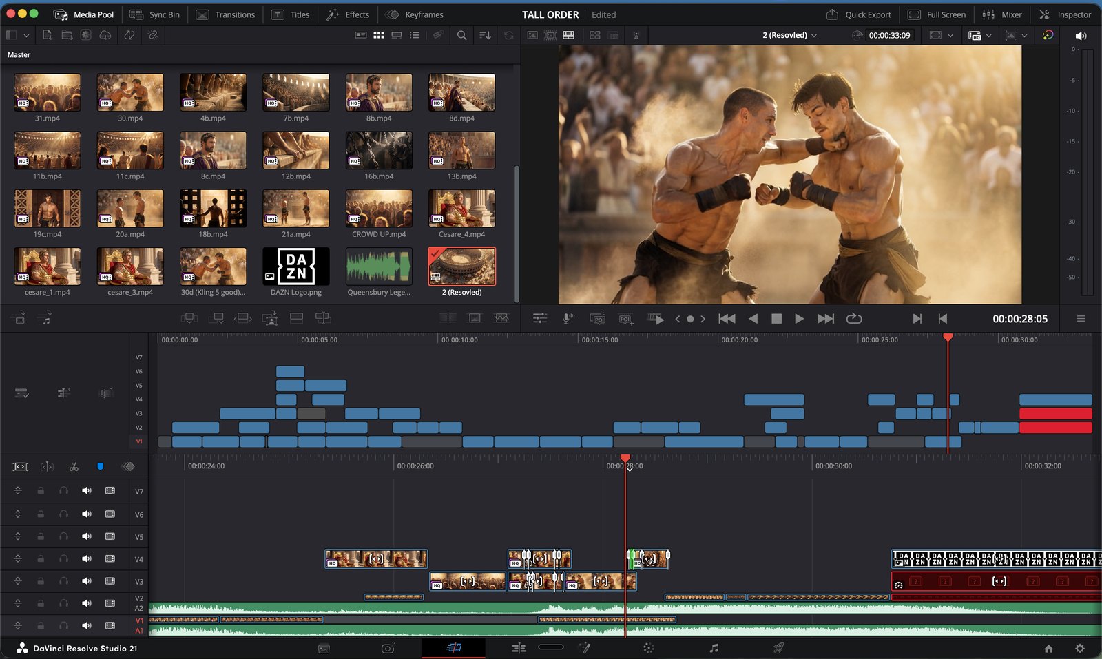 DaVinci Resolve timeline for TALL ORDER, with generated colosseum shots, layered video clips, audio tracks and a fight frame in the viewer.