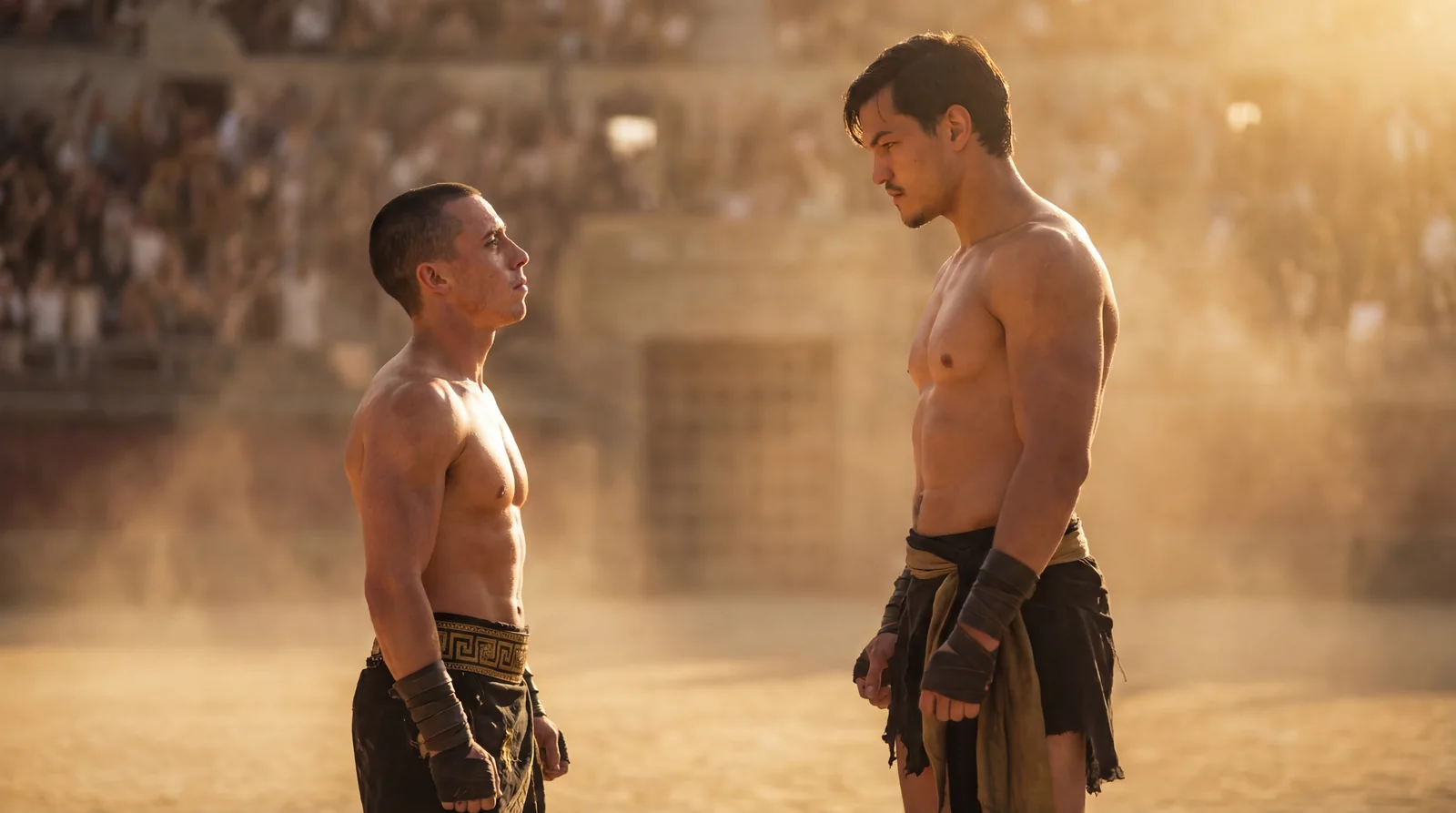 Nick Ball and Brandon Figueroa face one another as modern gladiators in a sunlit colosseum.