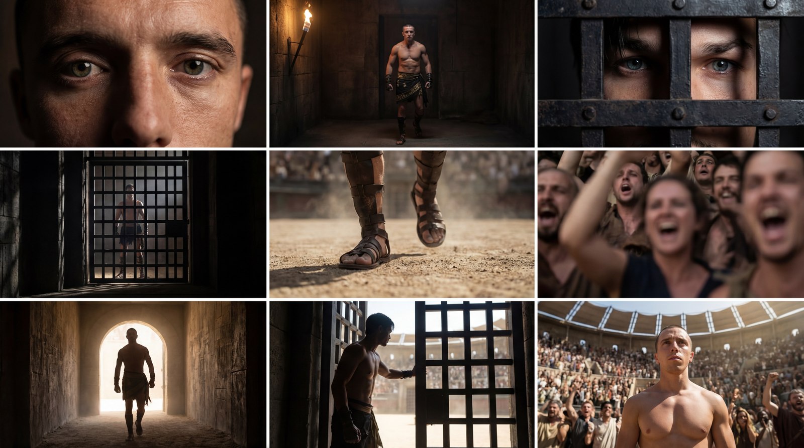 Nine-frame look-development contact sheet with fighter close-ups, torch-lit stone cells, barred gates, sandalled arena entrances and a cheering colosseum crowd.