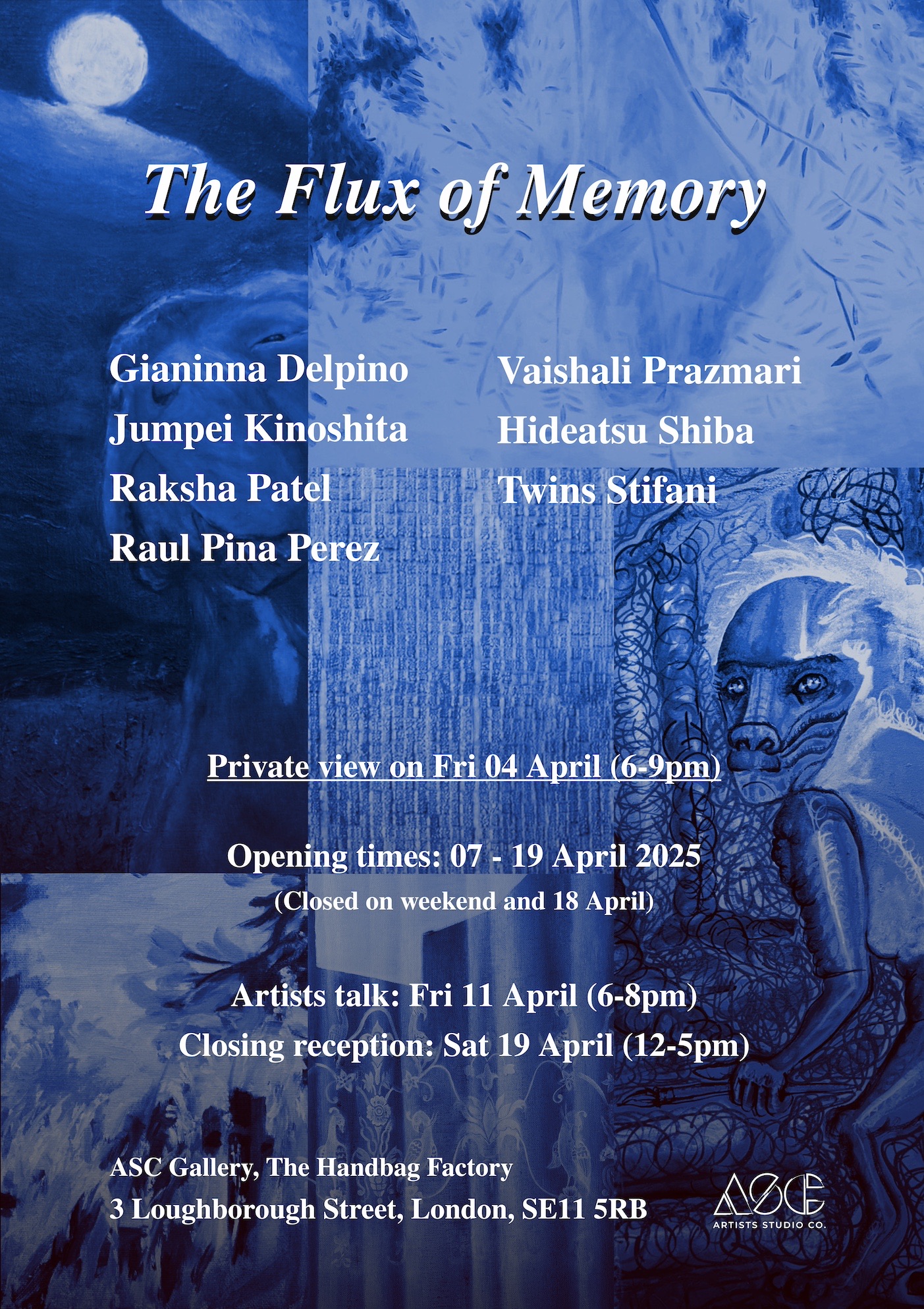 Official blue exhibition flyer for The Flux of Memory listing seven artists and the April 2025 dates at ASC Gallery