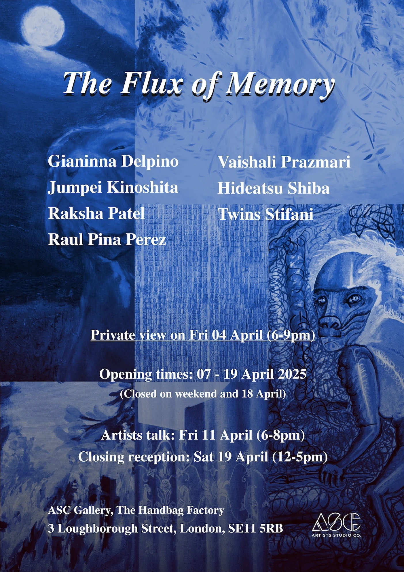 Official blue exhibition flyer for The Flux of Memory listing seven artists and the April 2025 dates at ASC Gallery