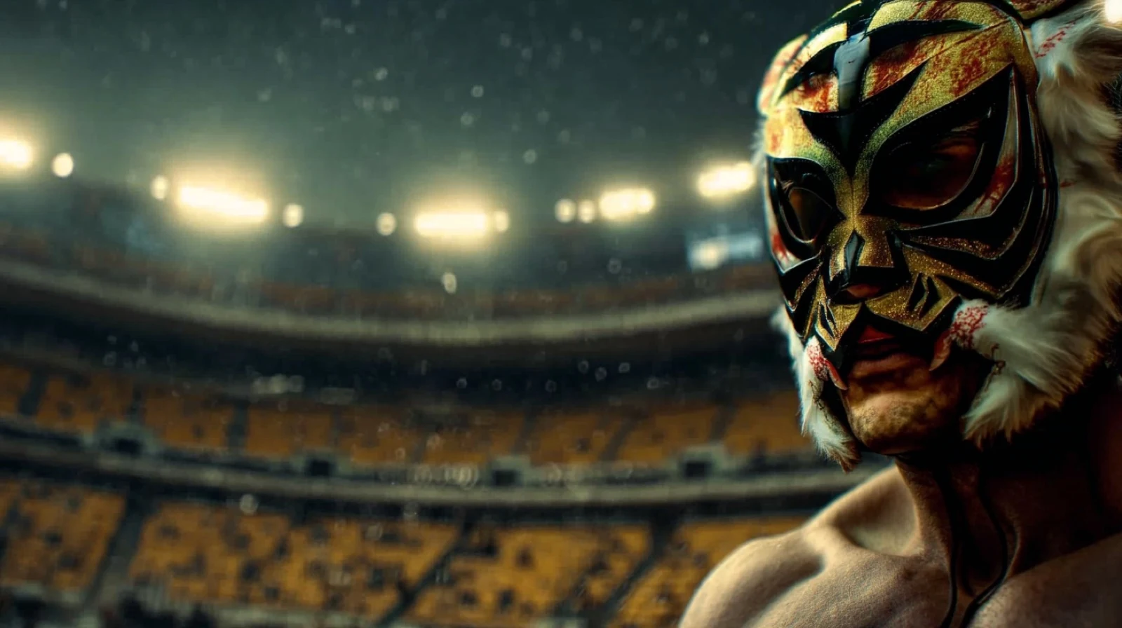 AI visual-development concept of a luchador entering an arena